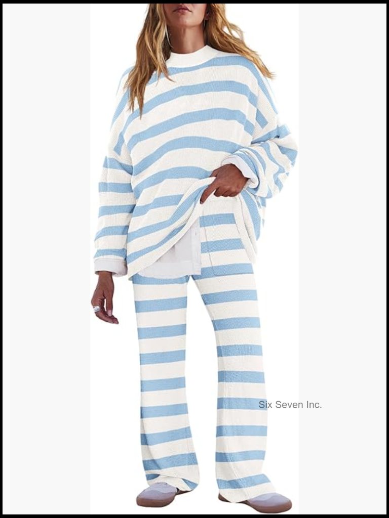Oversized Long Sleeve Striped Pajama Set With Pockets